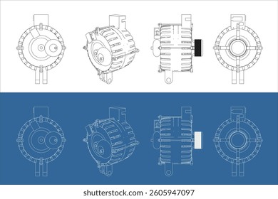 Technical Drawing of an Alternator for car– Engineering Vector Illustration