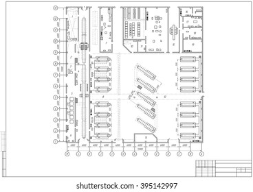 technical drawing of the architectural plan for car service station, construction project design isolated on the white background. stock vector illustration