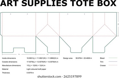 Technical Drawing Of Art Supplies Tote Box For Manufacturing With Dimensions