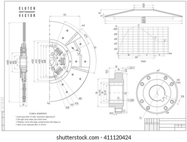 technical drawing of the automobile clutch disc in cross-sectional view, construction project with horizontal frame isolated on the white background. stock vector illustration