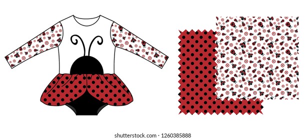 Technical drawing of baby clothes. Textile design of ladybugs.
