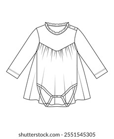 Technical drawing of a baby's long sleeve dress with a buttoned back and soft gathers, perfect for occasions.