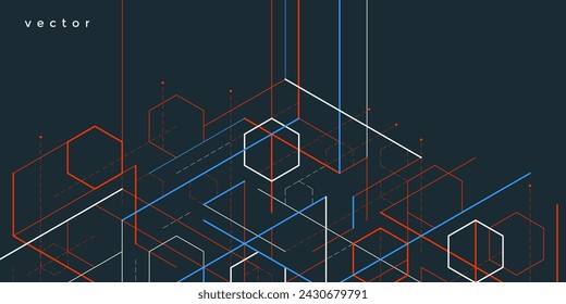 Fondo de dibujo técnico . Líneas geométricas y cuadrados. Banner de tecnología. Ilustración vectorial .