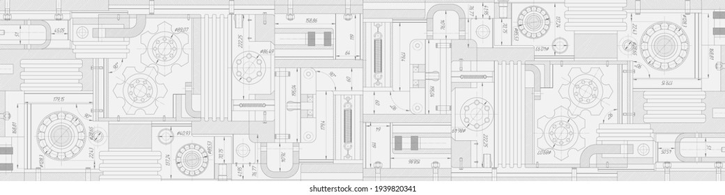 Technical drawing background .Mechanical Engineering drawing.Rotating gears.Vector illustration.	