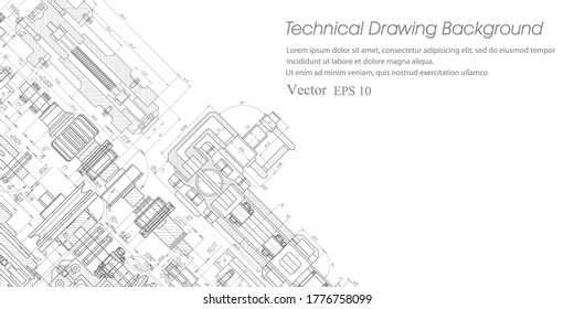 Technical drawing background . Drawing of a rotating gear mechanism . Vector engineering illustration.	