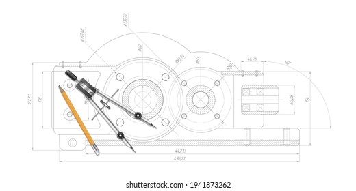  Technical drawing background.School education.Pencil, compasses.Engineering technical banner .Vector illustration .