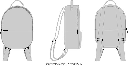 Technical drawing of a backpack. Front, back and side views. Vector illustration, template. CAD layout