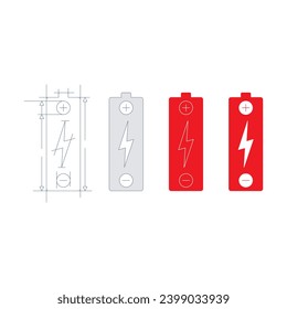 technical drawing battery. outline, gray, red battery. battery concept for energy, power, business