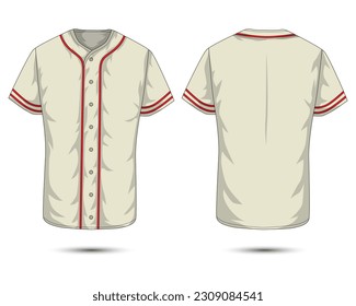 technical drawing of a beige baseball uniform with red stripes front and back view