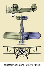 technical drawing of a biplane aircraft, side, top and front view