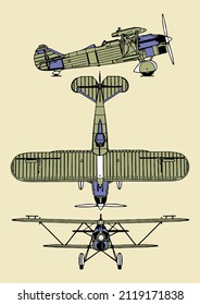 dibujo técnico de un avión biplano, vista lateral, superior y frontal