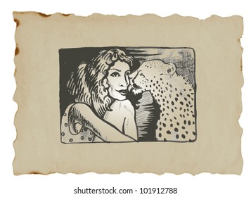 Technical drawing with black marker converted to a vector - LADY WITH LEOPARD