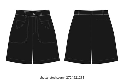 Dibujo técnico de pantalones cortos negros vista frontal y trasera