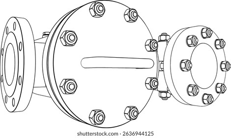 Technical drawing CAD stylized industrial pipe component or flange assembly, part of a pressurized system