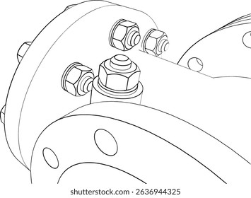 Technical drawing CAD stylized industrial pipe component or flange assembly, part of a pressurized system