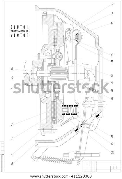 technical drawing of the car\
clutch in lengthwise cut, construction project or draft with\
vertical frame isolated on the white background. stock vector\
illustration