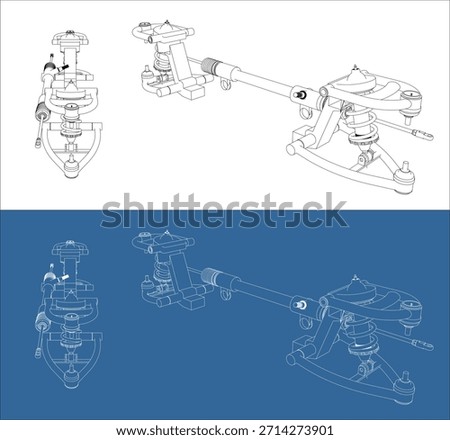 Technical Drawing of Car Front Suspension System with Detailed Side View of Strut Assembly on White and Blueprint Background