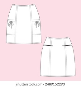 Dibujo Técnico de Mini Falda de Carga con Bolsillo y Cinta. Vista frontal y posterior. Dibujo plano, ilustración de moda, Plantilla de moda.