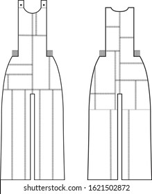 Technical drawing of casual overall. Blueprint for designers. Flat sketch of recycled jeans.
