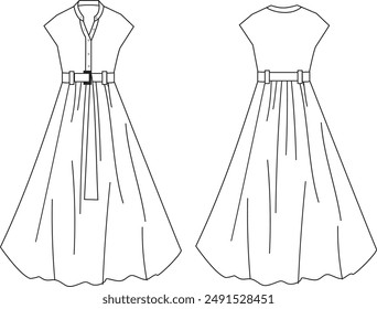 Technical drawing of a chic dress featuring a stylish buckle belt. This detailed illustration highlights the garment's sophisticated design, from the elegant neckline to the flattering silhouette. Per