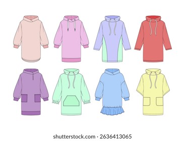 
technical drawing of children's fashion dresses hoodies of different cuts front and back view mockup template