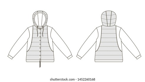 Technical drawing of children's fashion, children's jacket with a hood and stitch. Front and back views