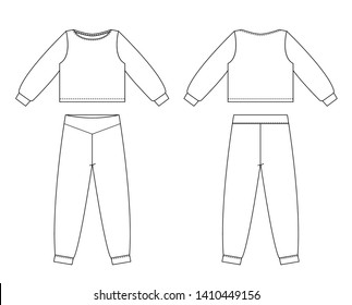 Technical drawing of children's fashion, children’s suit of trousers and sweatshirt. Front and back views