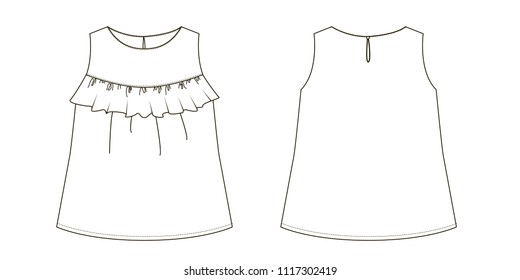 Technical drawing of children's fashion. Summer dress dress with a frill for Girls. Detailed vector drawing. Front and back views