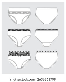 technical drawing of children's panties of different styles with guipure front and back view mockup template