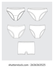 technical drawing of children's panties of different styles front and back view mockup template