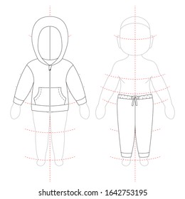 technical drawing of children's winter overall with raglan sleeves. Front and back views