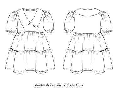 Technical drawing of a child's dress featuring puff sleeves, a tiered skirt, and a V-neck vest overlay. Includes front and back views.