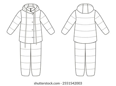 Technical drawing of a child's hooded winter jacket and snow pants set. The jacket features a button-up front, hood, and slanted pockets, detailed with dotted lines indicating seams and paneling.