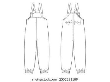 Desenho técnico de macacão de criança com alças ajustáveis e punhos elásticos, exibido em vistas dianteiras e traseiras.