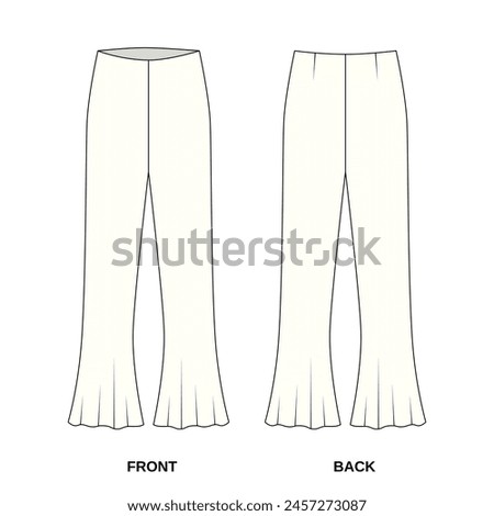 Technical drawing of clash pants front and back view. Vector pattern of fashionable pants flared to the bottom. Sketch of women's summer pants, vector.