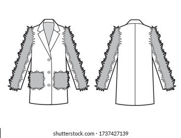 technical drawing of classic coat with fur pockets and sleeves