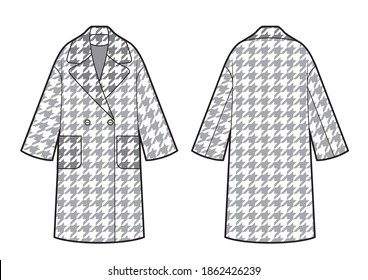 technical drawing of classic coat with houndtooth pattern, fashion sketch