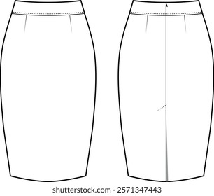 Technical Drawing of Classic Tailored Pencil Skirts, Front and Back Views
