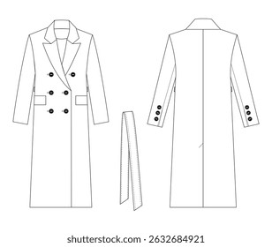 technical drawing of coat with english collar and two-seam sleeve on the back front and back view