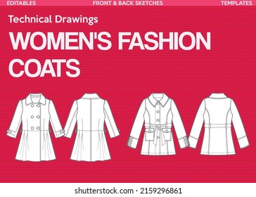 Technical drawing of coat jackets for women. Suit outfit. Chic classic.