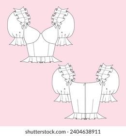 Dibujo técnico de la manga de espuma de espuma de espuma de corsé. Diseño plano, vector, diseño de moda. Vista frontal y posterior.
