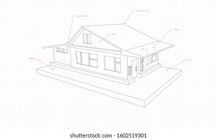 Technical drawing of a country cottage in 3D style with red pointers
