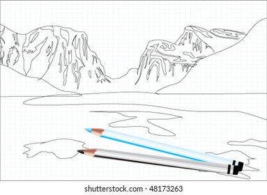 Technical drawing of countryside with color pencils