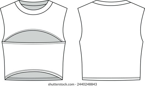 Technical drawing of crew neck sleeveless jersey top with cut out front detail