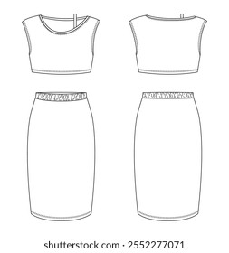 Technical drawing of a crop top and matching high-waisted pencil skirt.