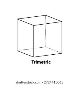 El dibujo técnico de un cubo muestra su proyección trimétrica, destacando su forma geométrica y sus dimensiones precisas. 