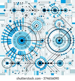 Technical drawing with dashed lines and geometric shapes, vector futuristic technology wallpaper, engineering draft. 