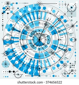 Technical drawing with dashed lines and geometric shapes, vector futuristic technology wallpaper, engineering draft. 
