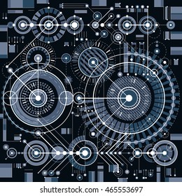 Technical drawing with dashed lines and geometric shapes, vector futuristic technology wallpaper, engineering draft. 