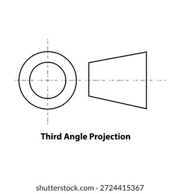El dibujo técnico representa un objeto circular con una forma cónica en proyección de tercer ángulo sobre un fondo blanco. 